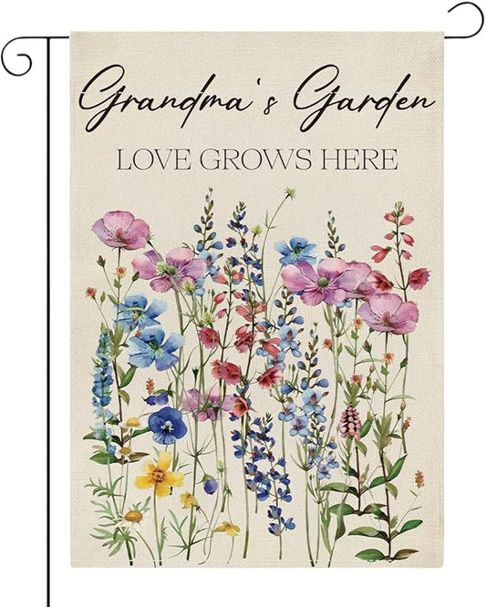 Grandma's Garden Flag Welcome Sign Love Grows Here Flag Gift Flower Decoration Small Double Sided Burlap art Stained Glass Style Garden Flags 12 x 18 Inch for Outside