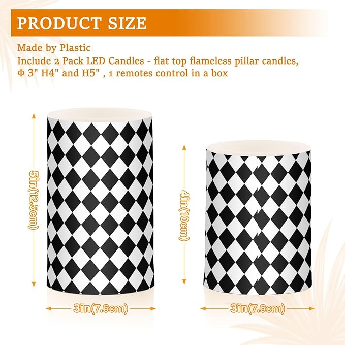 Flickering Flameless Candles, Black White Rhombuses Checkered LED Candles with Remote Timer, Set of 2 Battery Operated Candle for Valentine Wedding Birthday