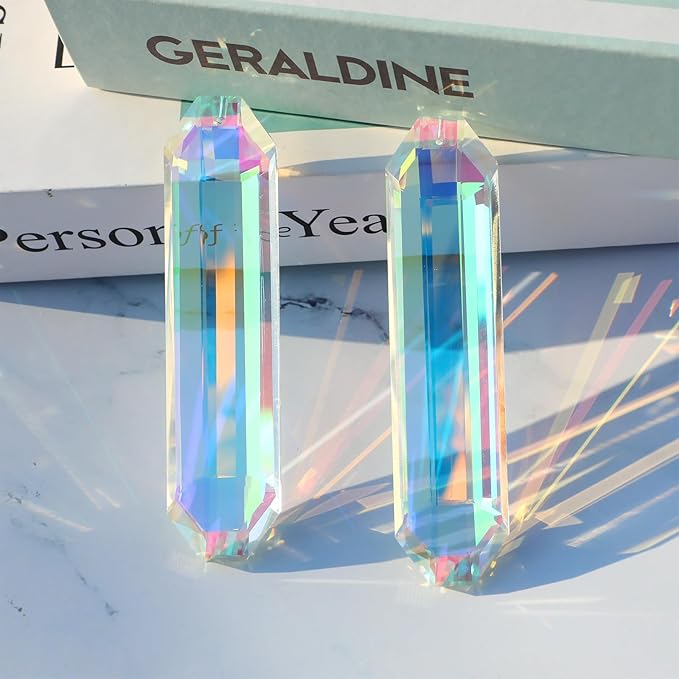 2 Pack 5" Large Crystal Sun Catchers, HYBEADS Hanging Ornaments for Windows Retangle Prism Suncatchers for Garden Home Decor Office Living Room Windows Crystal Rainbow Maker