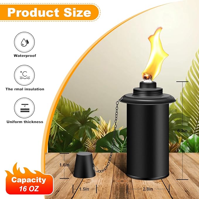 6 Pack Torch Canisters,16oz Replacement Torch Refillable Canisters with Wicks,Caps, Outdoor Citronella Fuel Torch Canister for Luau Party, DIY Garden Decor.