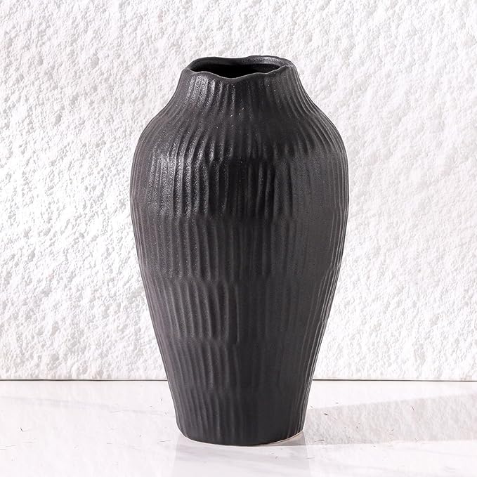 Elegant Black Ceramic Vase - Modern Minimalist Home Decor Vase, Centerpiece for Living Room, Dining Table, Office - 11.6 Inches Tall, Handcrafted Pottery for Farmhouse, Boho, Contemporary Style