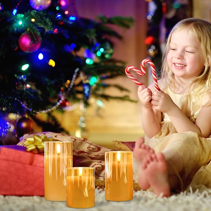 Glass Flameless Candles with Remote Timer,LED Candles Flickering Battery Operated with 3D Wick,Candle Holders Table Centerpiece Decoration for Home Wedding Birthday Festival(Gold)
