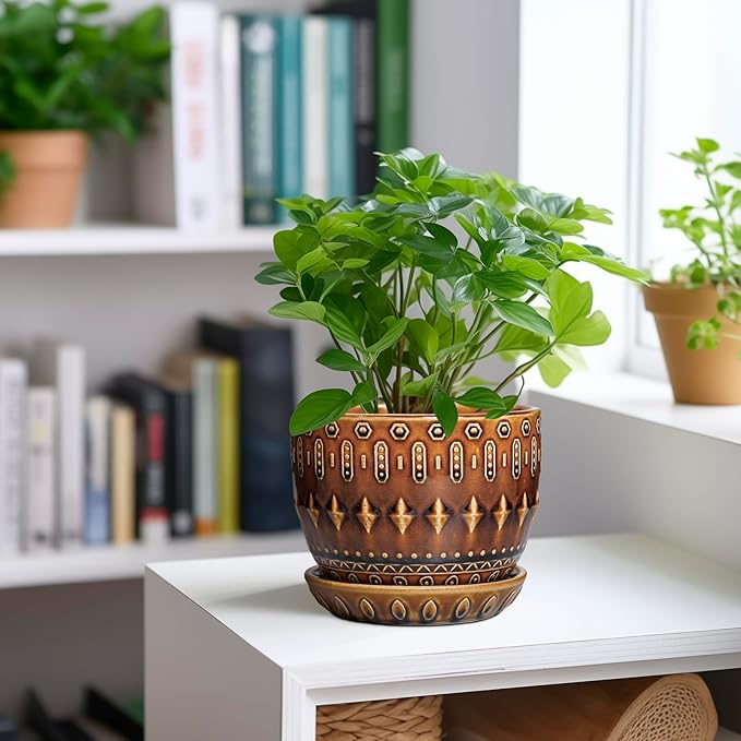 G EPGardening 5.5 Inch Plant Pot - Ceramic Planter for Indoor Outdoor Plants, Boho Round Indoor Flower Pot with Drainage Hole and Saucer, Housewarming Gifts, Garden Home Room Decor, Brown