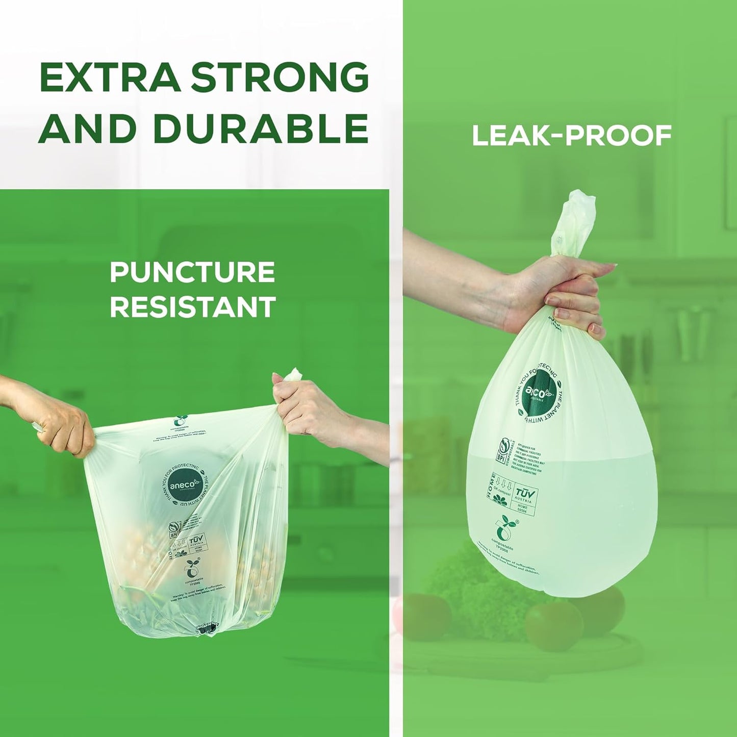 ANECO 100% Compostable Waste Bags 2.6 Gallon (Flat Top Bags, 50 Count) Extra Strong Kitchen Small Compost Bags for Countertop Bin (BPI & OK Compost HOME Certified)