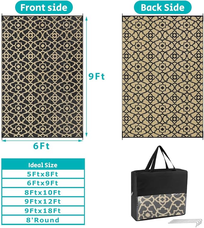 HEBE Outdoor Rug Waterproof 6x9, Reversible Plastic Straw Rug RV Camping Rug, Indoor Outdoor Patio Mat Clearance, Outside Carpet for Porch,Deck,Camper,Balcony,Backyard,Picnic