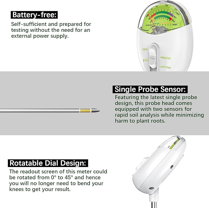 4-in-1 Plant Soil Tester with pH, Moisture, Fertility & Light Meter, Rotatable Dial Soil Test Kit, No Battery Required for Garden, Lawn, Farm, Indoor & Outdoor Plants, White