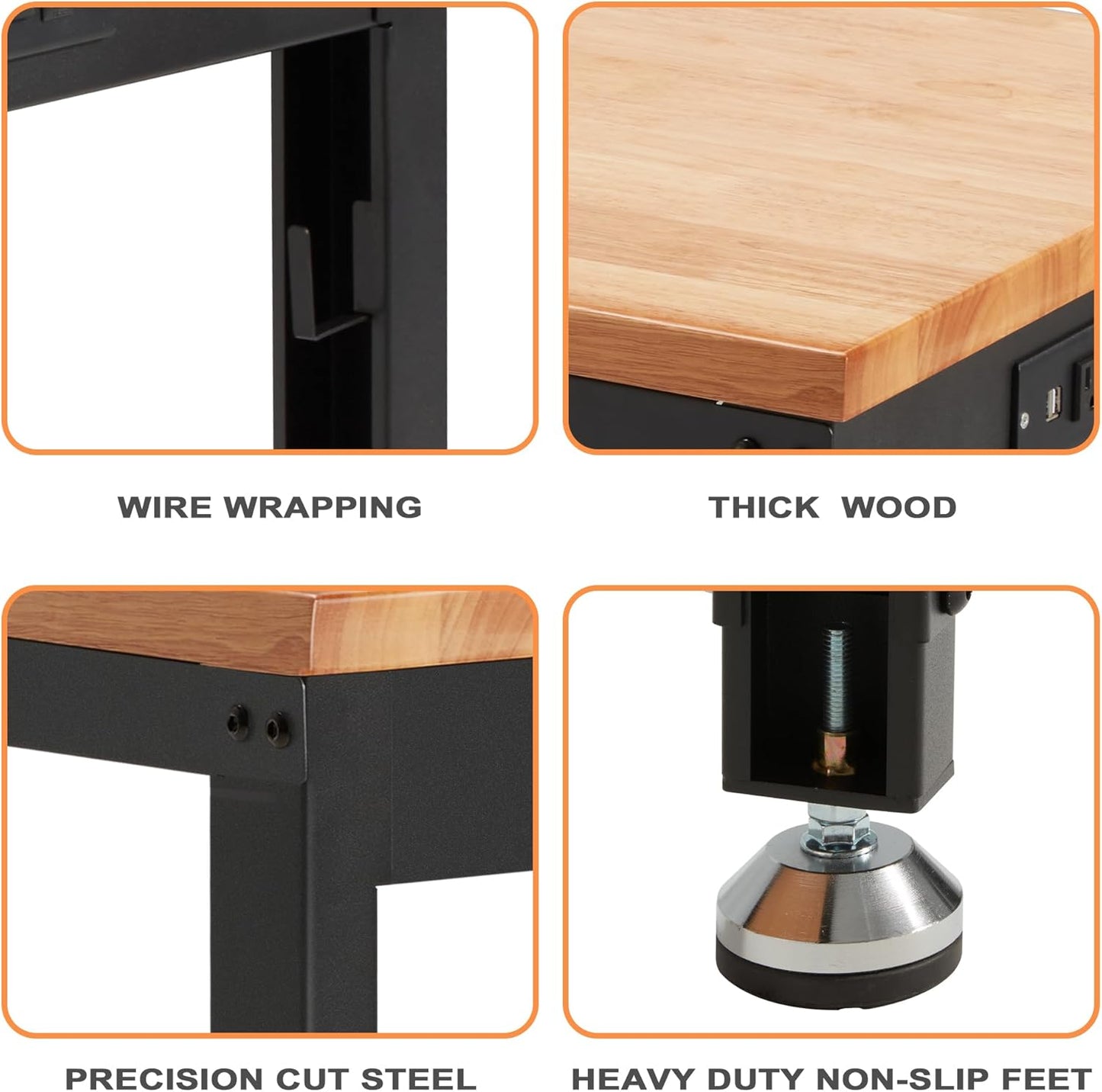 Haddockway Adjustable Workbench for Garage,48"x 24" Rubber Wood Top Worktable with Power Outlets, Max 2000 Lbs Load Capacity Heavy Duty Workstation for Workshop Office Home (Black Frame, 48in)