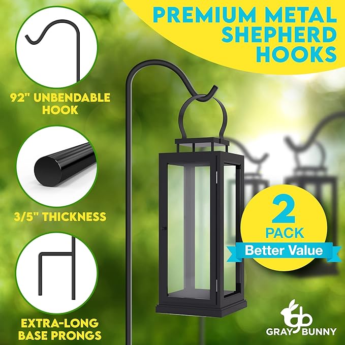 Gray Bunny 92" Shepherds Hooks for Outdoor 2 Pack, Thick Bird Feeder Pole, Hanging Plant Stand, Shepherds Hook for Bird Feeder, Non-Hollow, Non-Adjustable, Extra Long Base Prongs