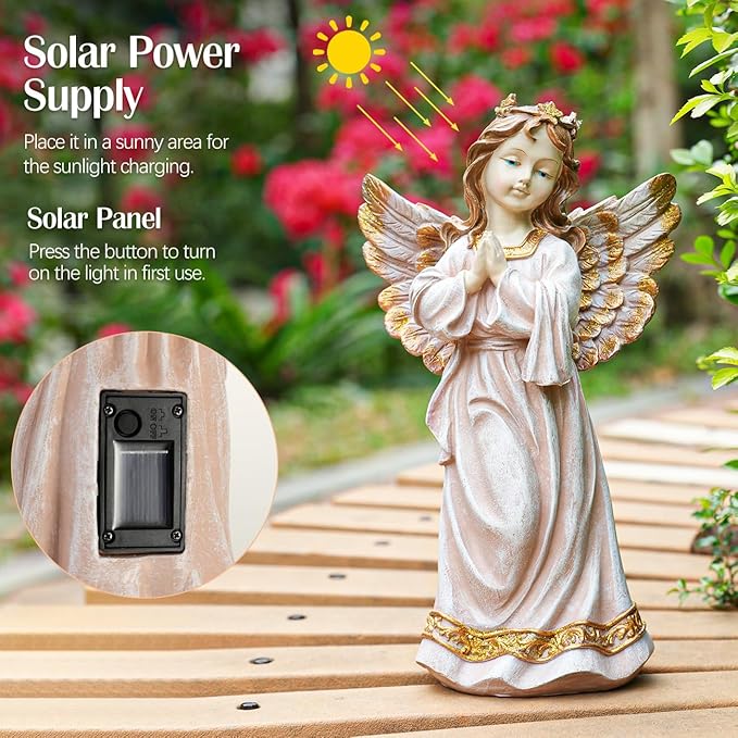 Angel Garden Statue,Memory Guardian Solar Garden Decor with Warm Light,Waterproof Praying Angel Statue with Garland,Outdoor Garden Decor Sculpture for Lawn Yard Patio,Sympathy Gift,Apricot Pink