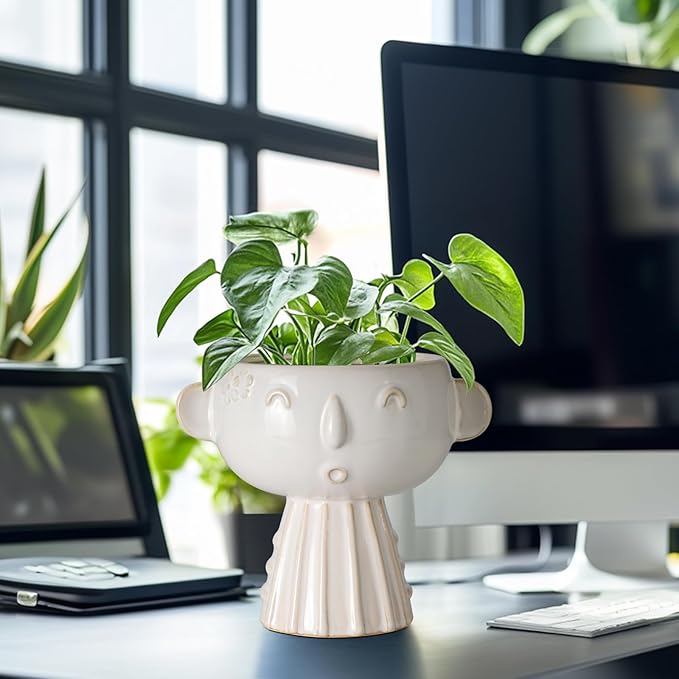 Face Planter Pot 7 Inch - Cute Ceramic Flower Head Planter for Indoor Outdoor Succulent Pot with Drainage Hole Flower Pot Present for Mother Christmas White