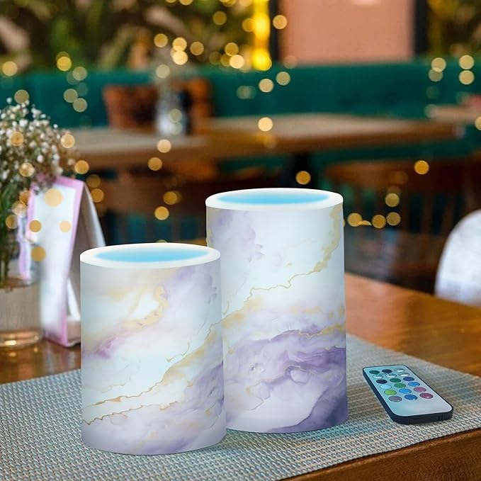 Flickering Flameless Candles, Purple Gold Marble LED Candles with Remote Timer, Set of 2 Battery Operated Candle for Valentine Wedding Birthday