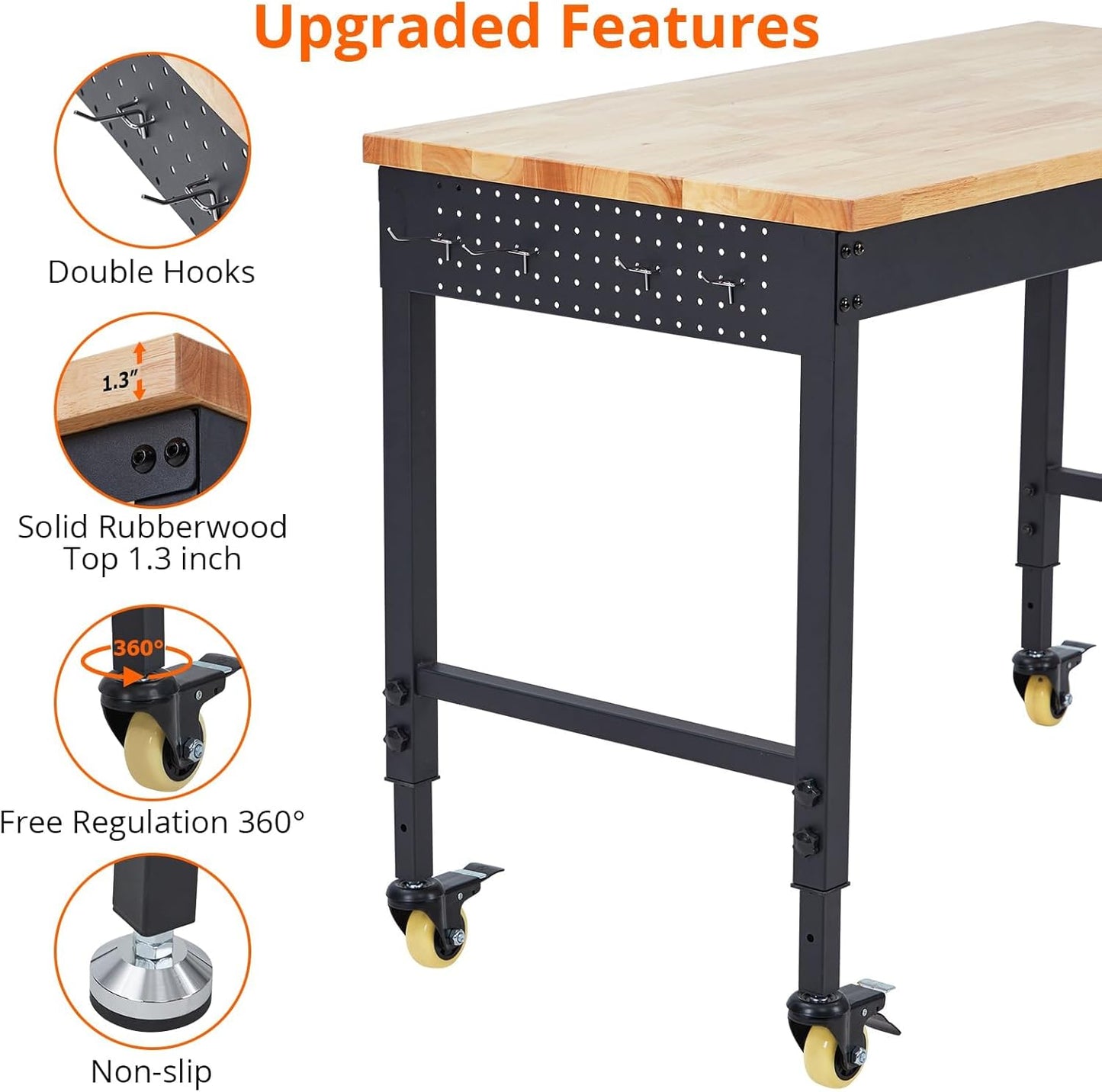 60'' Adjustable Workbench, Heavy Duty Workbench with Power Outlet and Lockable Wheels, 2000 LBS Capacity, Work Table Suitable for Office, Garage, Workshop
