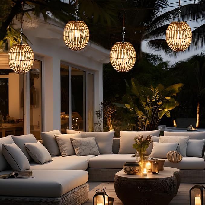 Hanging Solar Lantern Outdoor Waterproof, IP44 Boho Rattan Solar Hanging Light, Large Solar Lantern for Porch Yard Pathway Garden Decor(Bulb Included)