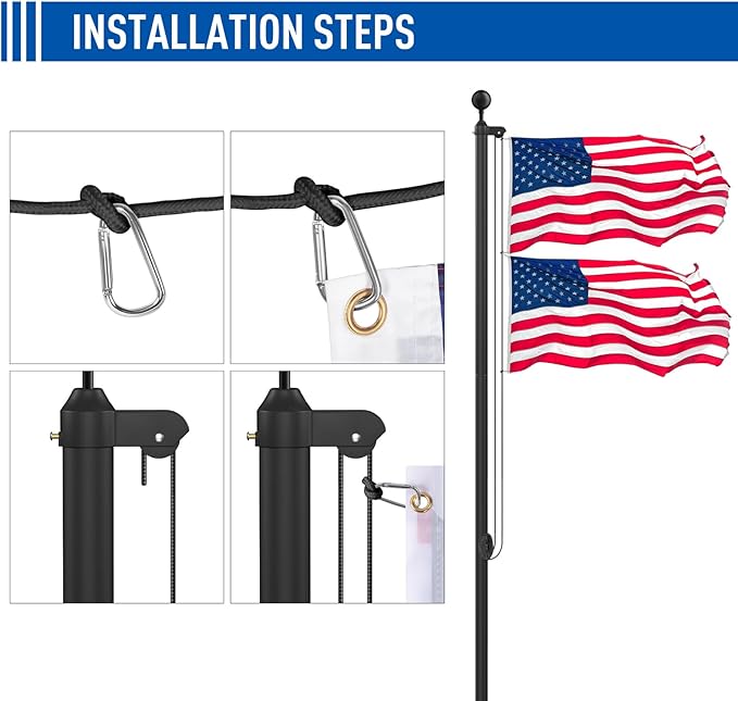 Flag Pole Kit 20FT, 12 Gauge 1.8mm Thickness Heavy Duty Flag Poles with 3x5 American Flag, Black Flag Pole for Outdoor House In Ground, Extra Thick Flagpoles Suitable for Yard and Garden