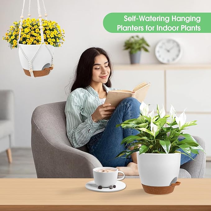 Hanging Planters for Indoor Outdoor Plants, 2 Pack Self Watering Hanging Pots, Hanging Plant Baskets with Drainage Holes & 2 Types of Plant Hangers (White, 6'')