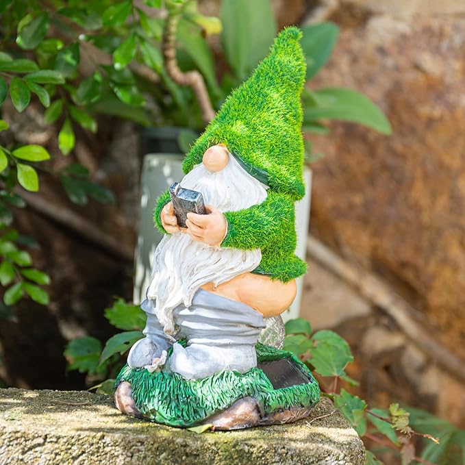 Garden Gnome Statues - Resin Gnome Figurine Sitting on Solar Crackle Glass Globe Lights, Funny Garden Gnome Ornament for Patio Yard Lawn Porch Outdoor Decor
