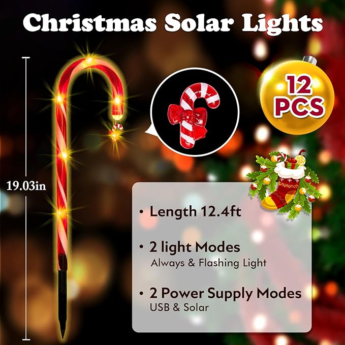 12 Pack Christmas Candy Cane Lights Outdoor Solar Pathway Lights Christmas Decorations Waterproof Driveway Walkway Markers Yard Garden Home Xmas Decor, 2-in-1 Rechargeable Solar Power