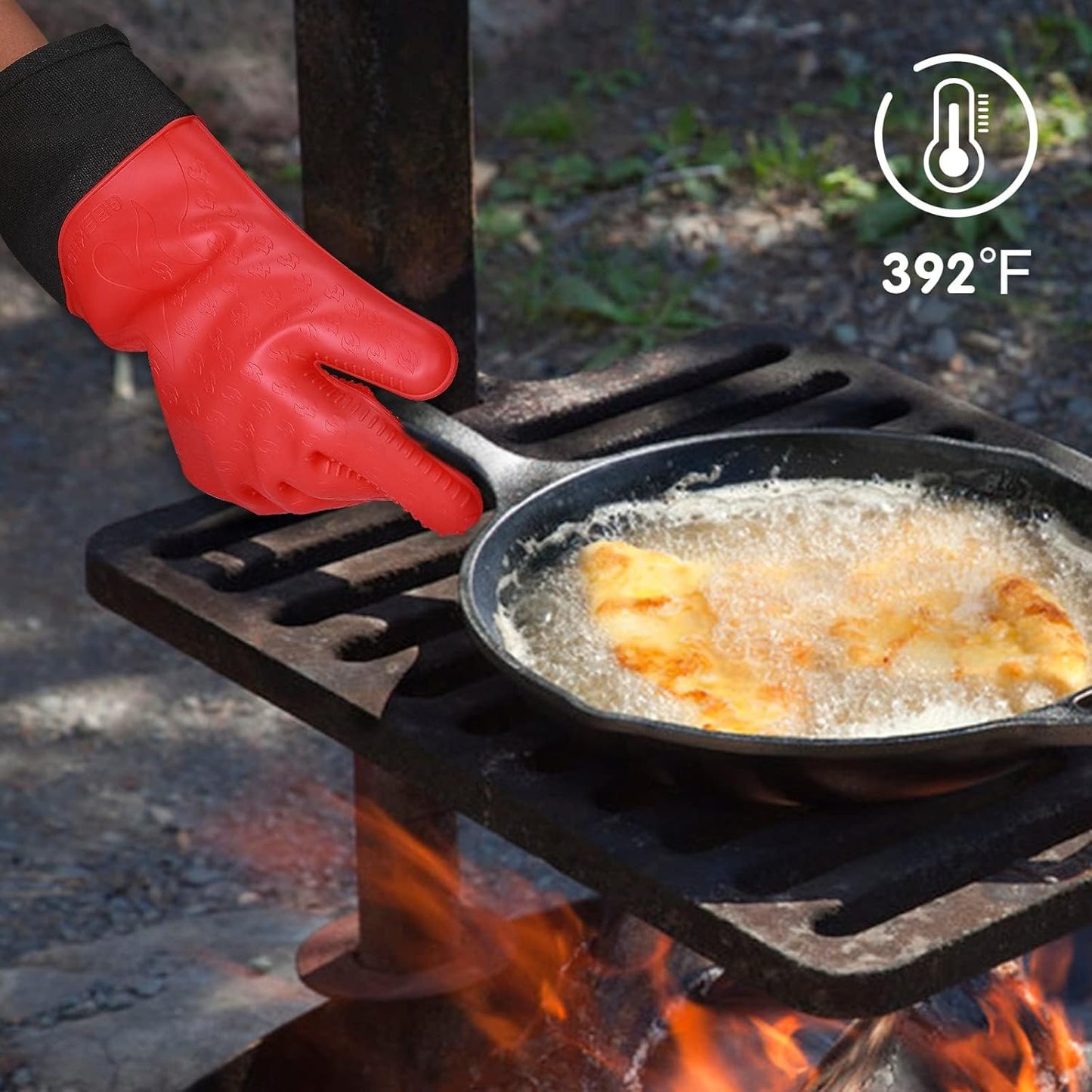 GEEKHOM Silicone Grilling Gloves, Heat Resistant Oven Mitts, BBQ Gloves, Waterproof Non-Slip for Barbecue, Cooking, Baking, Fryer, Red