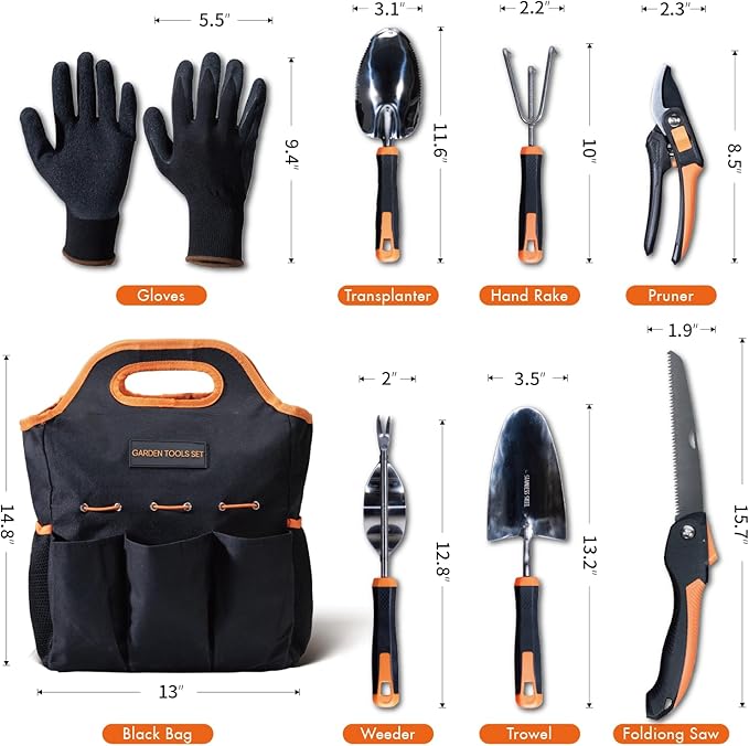 DTRK 8-Piece Large Garden Tool Set 304 Stainless Steel Garden Tool Kit with Handbag,Pruning Shears,Gloves Heavy Duty Gardening Hand Tools with Non-Slip Rubber Grip,Ideal Gifts for Women & Men Orange