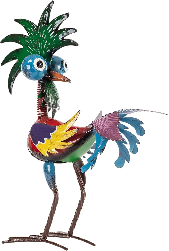 Alpine Corporation 19" Tall Indoor/Outdoor Wild Tropical Metal Rooster Yard Statue Decoration, Multicolor