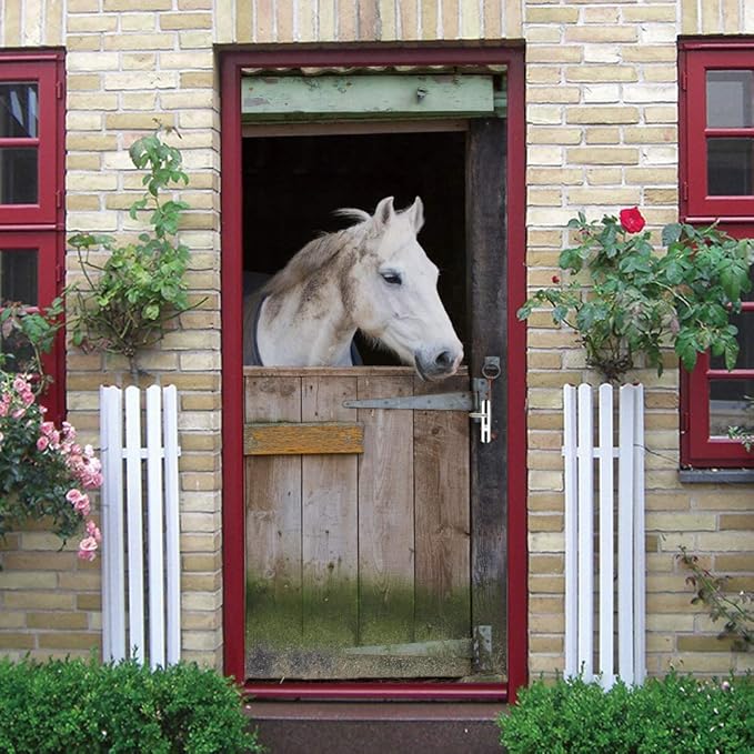 Horse 3D Door Stickers Murals - Peel & Stick - Waterproof & Washable - Matt Finish - Rustic Style - Animal Print - Adults - Door & Wall - 37.4" x 78.7"