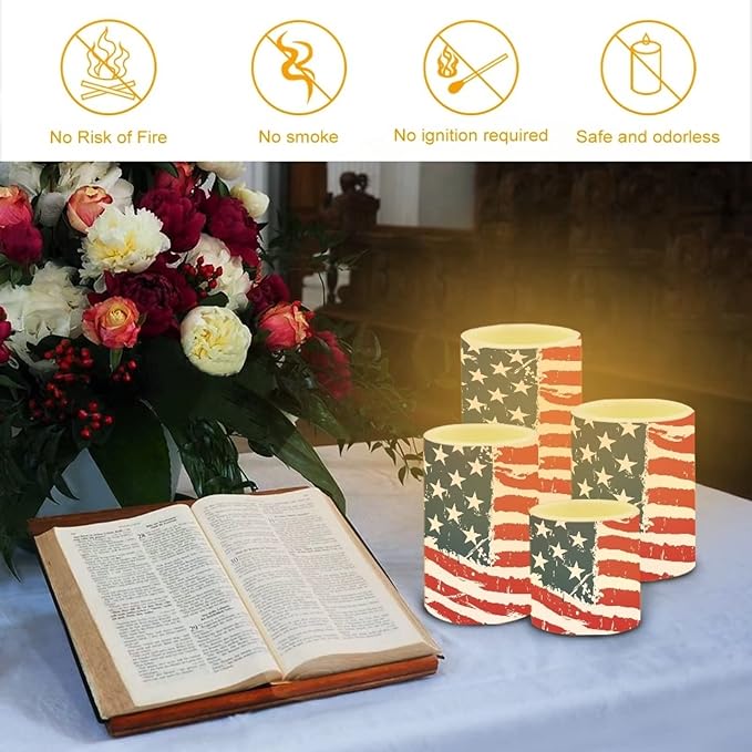 Flameless Electric Candles Decoration Lamp with Remote Timer Control Long Lasting for Fourth of July Party Decoration Home Indoor Outdoor Decor Pack of 4, American Flag Fashion