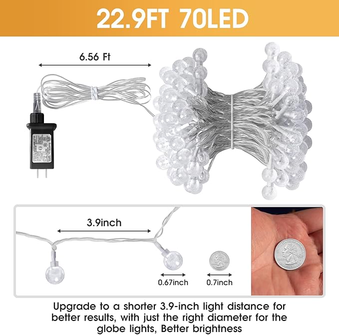 22.9ft 70LED Globe String Lights Outdoor,Crystal Fairy Light IP44 Waterproof Outdoor Hanging Decorative Lights for Home Tent Patio Garden Party Wedding Decor