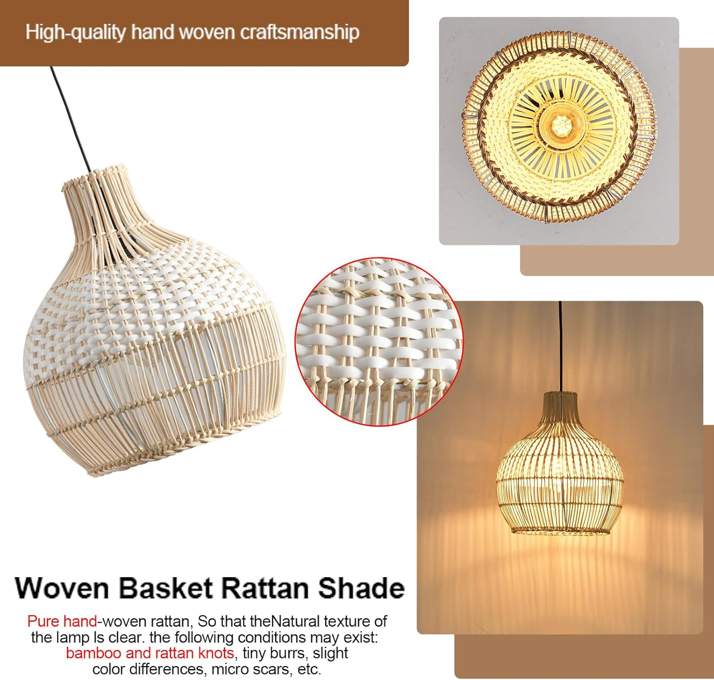 3-Pack Fax Rattan Pendant Light Fixture Mini Hand-Woven White Rattan Chandelier 10.24" Boho Wicker Hanging Lamp for Dining Living Bedroom Kitchen Farmhouse