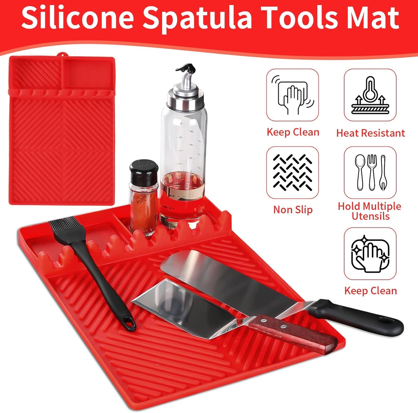 Griddle Mat Barbeque Grill Accessories Tools for Blackstone, Side Shelf Mat Grill Pad for Outdoor Grill Kitchen Counter Spatula Silicone Mat with Drip Pad for Kitchen, Cooking, Countertop (Red)