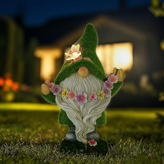 Garden Flocked Gnomes Decor for Yard - Artificial Green Moss Gnome Statue with Solar Light, Dwarf Sculpture for Outdoor Patio Porch Lawn Decor, Spring Decorations for Home