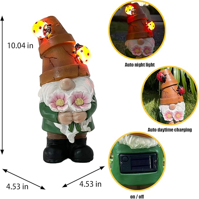 Garden Gnome Statues Outdoor Decor, Solar Gnomes with LED Lighted Flowers, Solar Resin Garden Outdoor Statue Sculpture, for Woman Gift Home and Garden Decor