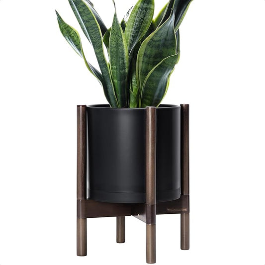 D'vine Dev Planter Pot with Stand - 10 Inch Plastic Cylinder Flower Pot with Wood Planter Holder for Indoor, Matte Black Pot + Walnut Color Stand, 55-C-L-2
