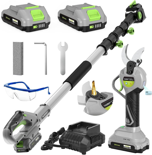 2 In 1 Pole Pruning Shears Cordless (2025 Upgraded), Electric Pruning Shears with LCD Display, 30mm Cutting Diameter Pole Pruners for Tree Trimming, with 2 Pack 2.0Ah Batteries and Goggles