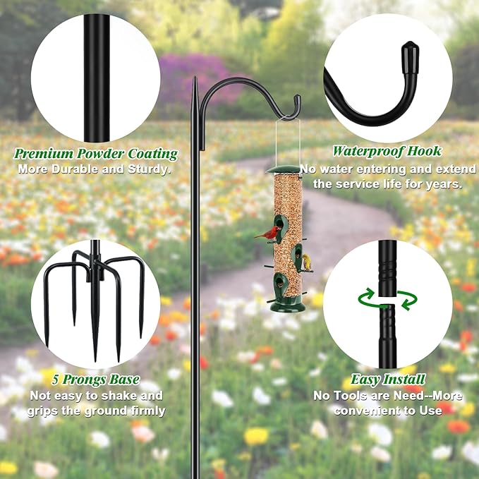 FEED GARDEN Short Shepherds Hooks for Outdoor, 48 Inch Bird Feeder Pole with 5 Prongs Base, Heavy Duty Shepherds Hook Garden Hook for Hummingbird Feeder, Hanging Lantern, Plant Baskets,1 Pack