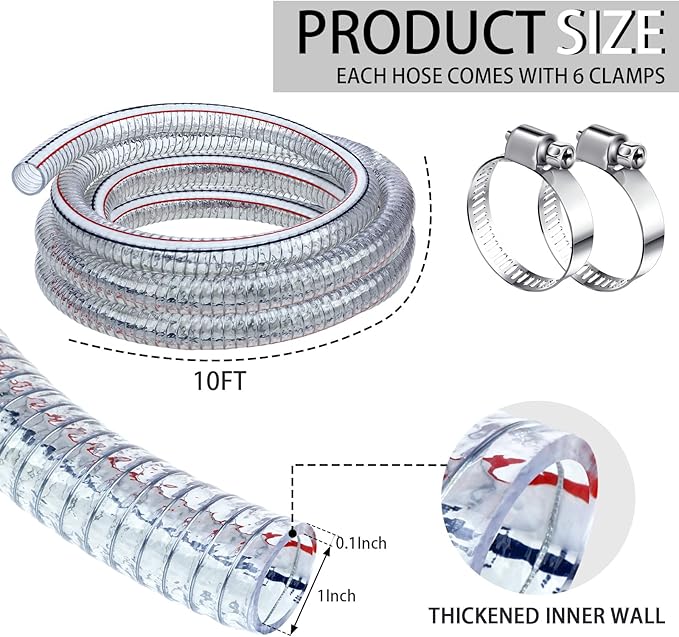 Frienda Heavy Duty Steel Wire Flexible Tubing with Fasteners PVC High Pressure Drain Hose Tube Pond Tubing Clear Wire Reinforced for Pond Bilge Pump Vacuum Suction Hose(10 Ft, 1 Inch Id)