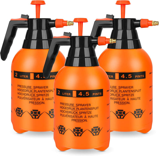 3 Pcs 1/2 Gallon Plastic Handheld Pump Sprayer – Garden Pressure Sprayer Bottle with Adjustable Nozzle for Plants, Cleaning, Household Tasks – Orange