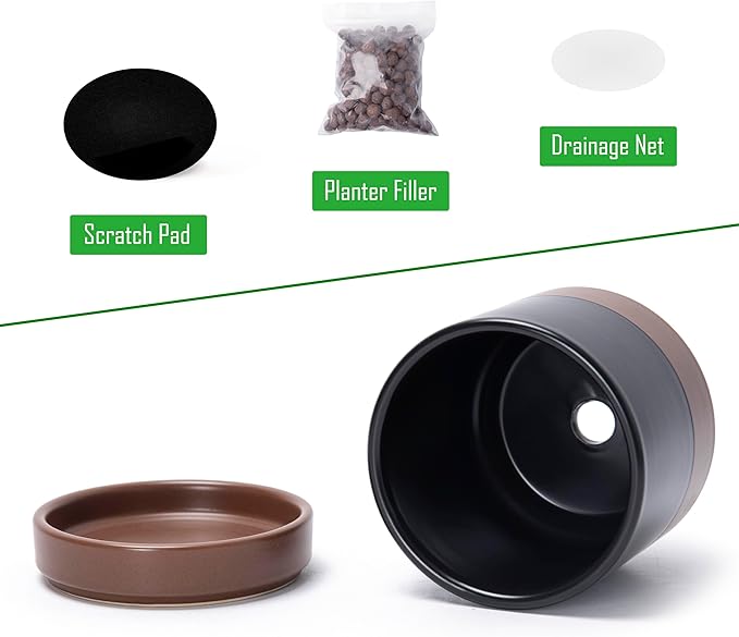 D'vine Dev Set of 4 Small Ceramic Plant Pots, 3.5 Inch Succulent Planter Pot for Plants with Drainage Hole and Saucer, Black/Speckled Tan, 94-X-A-7