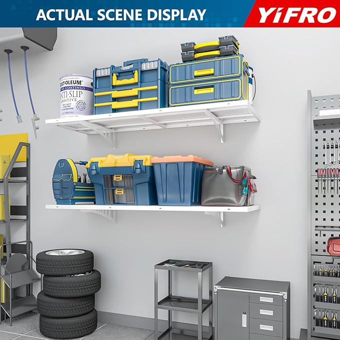 4-Pack 1.5x4ft Heavy Duty Garage Wall Shelving, 1000 lbs Load Capacity, Garage Storage Rack with Hooks, White