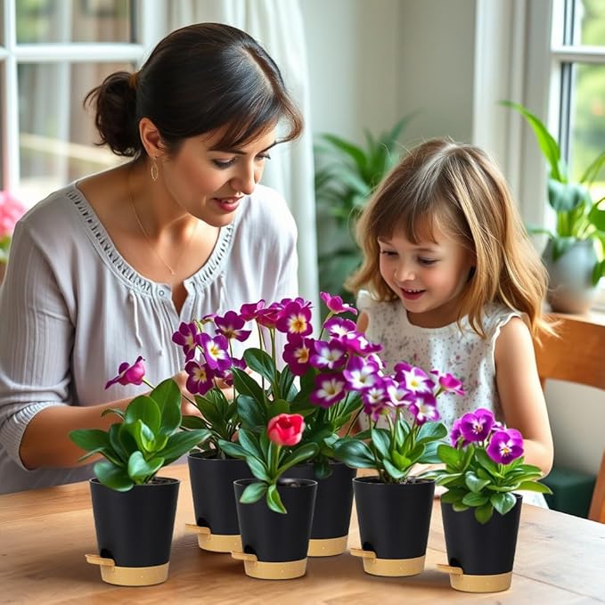 12 Pack 4 Inch Self Watering Plant Pots with Drainage and Saucers，Plastic Flower Pots for Indoor and Outdoor Plants, Nursery Planters for Houseplants and Herbs Black Brown, 4 inch 12pcs