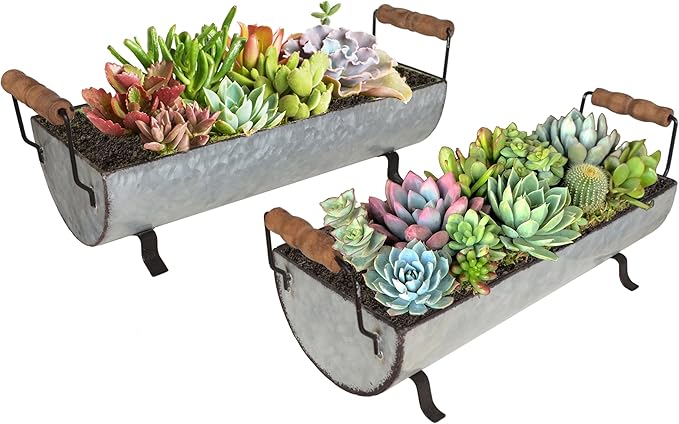 Galvanized Metal Trough Succulent Planter Farmhouse Metal Tray Rustic Tabletop Centerpiece Décor Set of 2