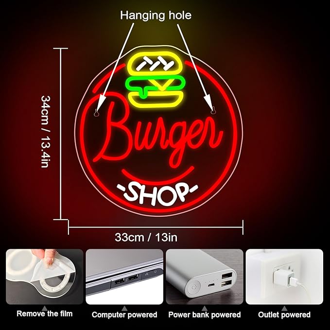 Hamburger Shop Neon Sign Hamburger Neon Signs for Wall Decor Dimmable Hamburger Neon Lights LED Light Up Sign for Hamburger Shop,Bar,Restaurant,Food Shop,Pub Decoration