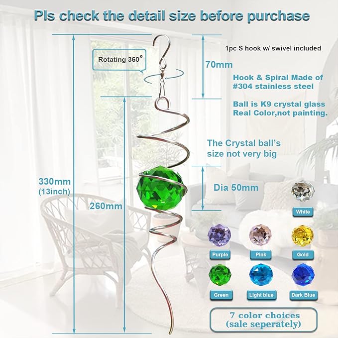 Fonmy Gazing Ball Spiral Tail -Decorative Wind Spinner Sun Catcher Rainbow Maker 11 inch Tail and 2 inch Green Crystal Orb. Indoor Outdoor Garden Decoration -13 inch Height