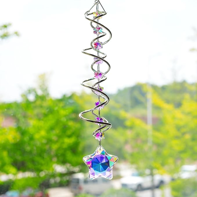 H&D HYALINE & DORA 21inch Crystal Suncatcher for Window Hanging Double-Spiral Design Gazing Ball Spiral Tail Wind Spinners Sun Catchers Rainbow Maker Indoor Outdoor Christmas Decoration