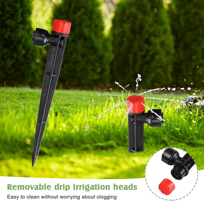 100 Pcs Drip Irrigation Emitters for 1/4'' Irrigation Tubing Adjustable Water Flow Drip Emitters with Stake Drip Irrigation System Irrigation Drippers with 360 Degree Sprayer for Garden Patio