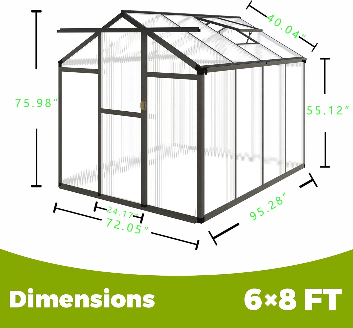 6 x 8 FT Aluminum Greenhouse for Outdoors, Polycarbonate Walk-in Greenhouse with Quick Setup Structure and Adjustable Roof Vent, Dark Gray