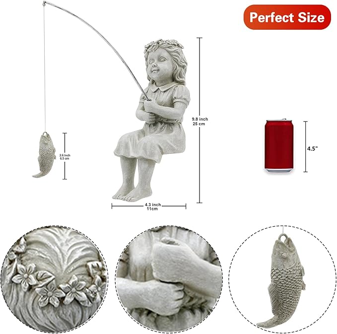 Goodeco Fishergirl Statue Garden Decor - 11" Little Fishing Guy for Koi Pond or Waterfalls, Poolside Statue with Glow in Dark Pebbles Included, Great Gifts for Mom, Women or Birthdays, Gift Ideas