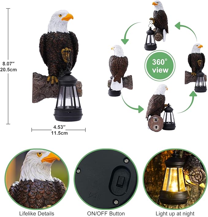 Eagle Tree Hugger with Solar Lantern - 8 Inch Resin Eagle Statue for Outdoor Garden Decor - Ideal Eagle Housewarming & Birthday Gifts for Grandma Mom Women