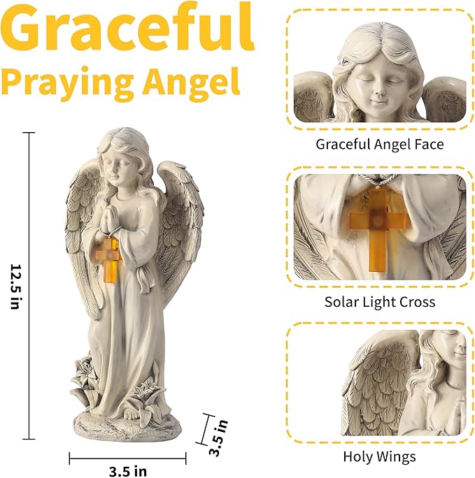 Angel Solar Garden Statues: 12.5” Cemetery Decorations for Grave Praying Angel Figurines for Outdoor Lawn Yard Patio Decor Memorial Gifts for Women