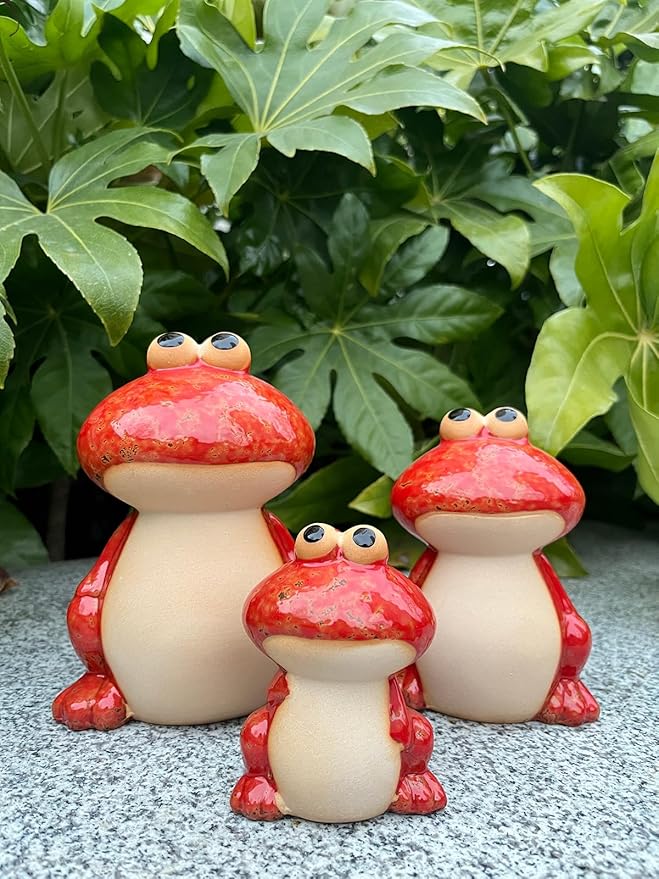 Frog Garden Decoration Set of 3,Funny Cute Ceramic Frog Garden Statues Yard Decoration Outdoor Holiday Decorations,Ideal Ornament for Outside Pond Pool Patio Front Porch Backyard (Red)