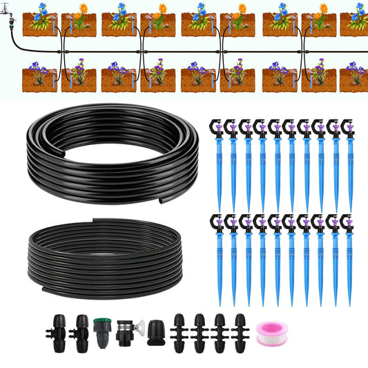 49.2FT/15M Rotary Sprinkler Drip Irrigation System, Adjustable Complete Drip Irrigation Kit with Rotary Sprinkler, 1/2" and 1/4" Irrigation Tubing and Barbed Fittings for Garden,Raised Bed,Yard,Lawn